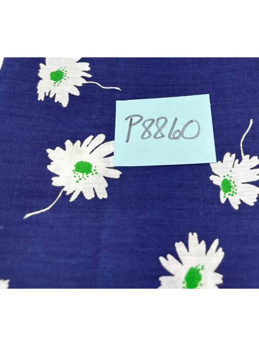 Blue Cotton Fabric White Green Daisy Print 21